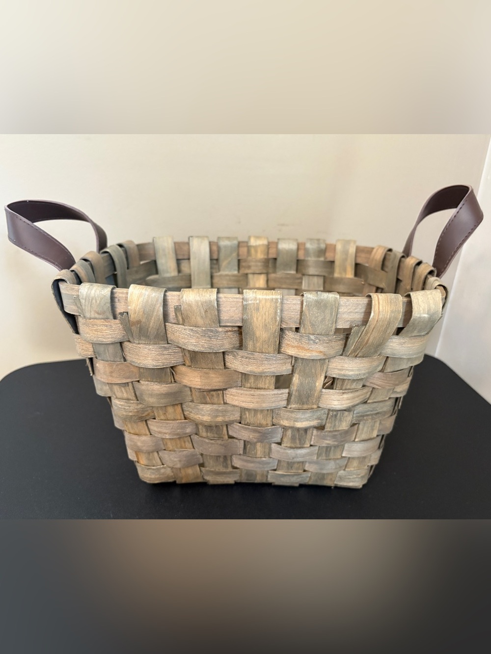 Woven wood basket with faux leather handles 13” x 11” x 9”tall